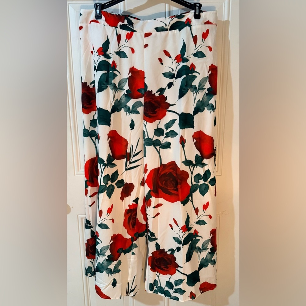 Red Rose Print Wide-Leg Pants